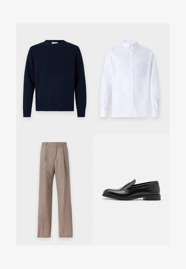 Tamsiai mėlynas megztinis su apvalia iškirpte, susiūtomis rankovėmis ir apačia. Pagamintas iš švelnaus mezginio, pasižymintis paprastu ir klasikiniu dizainu.; Balta ilga rankovė mygtukų marškiniai, pagaminti iš medvilnės, su krūtine kišene ir toniniu siuvinėjimu, apykakle ir mygtukų apvadu.; Rudos, aukšto liemens kelnes, pagamintas iš tekstūruotos medžiagos. Plati kojos, dvi priekinės klostės struktūrai. Tvarkingas apdailos darbai, be matomų detalių.; Juodos odinės loafers, turinčios lygų paviršių, apvalią noselę ir dekoratyvinę juostą per priekinę dalį. Žemas krentantis kulnas, minimalistinis dizainas.