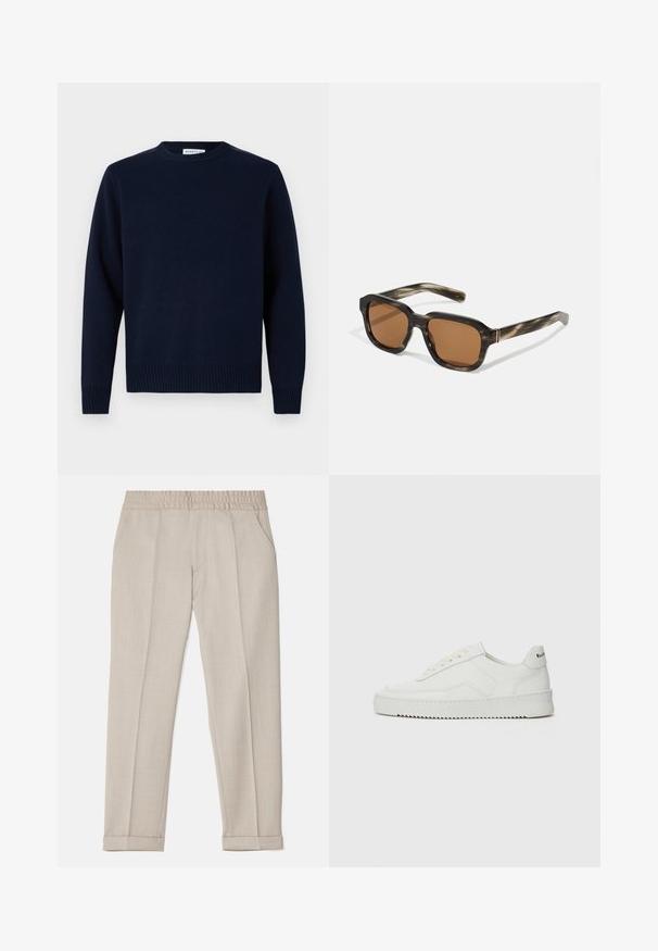 Suéter azul marino con cuello redondo, puños y dobladillo acanalados. Hecho de un material de punto suave, presenta un diseño sencillo y clásico.; Filippa K TERRY CROPPED TROUSERS - Pantalones - sage melange; Zapatilla de cuero blanca con un acabado suave, puntera redonda, cordones planos y suela texturizada. Cuenta con un sutil logo en el talón.; Gafas de sol de plástico con un patrón de carey, lentes marrones octagonales y delgados acentos de hardware dorado en la montura.