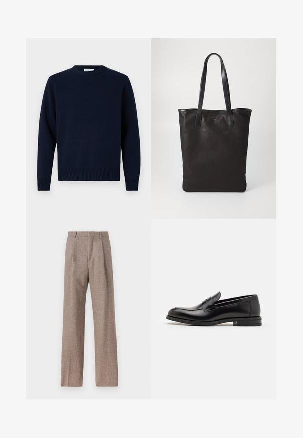 Námornícky modrý sveter s okrúhlym výstrihom, rebrovanými manžetami a lemom. Vyrobený z mäkkého pleteného materiálu, s jednoduchým a klasickým dizajnom.; Hnedé, vysoké nohavice vyrobené z texturovanej látky. Majú široké nohavice a dva predné záhyby pre štruktúru. Úhľadné spracovanie bez viditeľného kovania.; Čierne kožené mokasíny s hladkou textúrou, zaoblenou špičkou a dekoračným pásikom cez priehlavok. Nízky vrstvený opätok, minimalistický dizajn.; Čierna plátená taška s čiernymi koženými ušami. Jednoduchý dizajn, priestranné telo a hladká textúra. Žiadne viditeľné logo ani vzory.