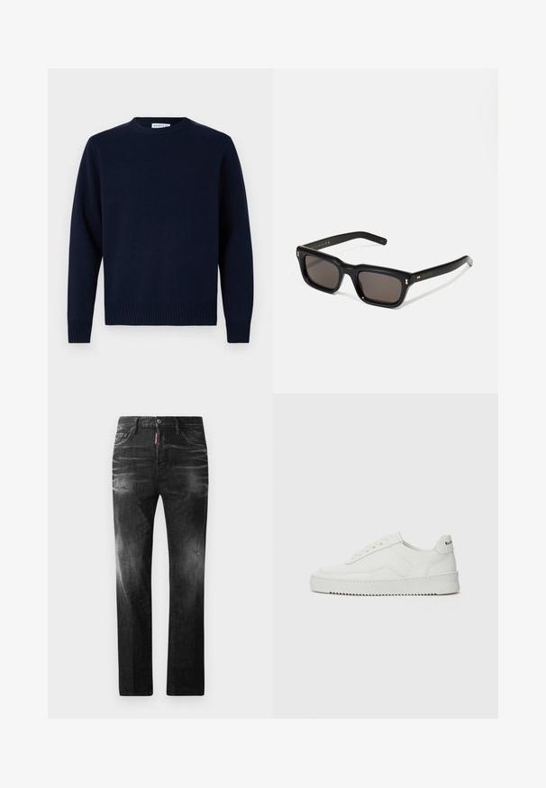 Navy blue sweater with a crew neckline, ribbed cuffs, and hem. Made from soft knit material, featuring a simple, classic design.; Black denim jeans with a straight fit. Features faded areas, minor distressing, classic five-pocket design, and a button closure.; White leather sneaker with a smooth finish, round toe, flat laces, and a textured sole. Features a subtle logo on the heel.; Black rectangular sunglasses with dark lenses, thick plastic frame, gold accents on temples, and brand logo engraved on the arm.