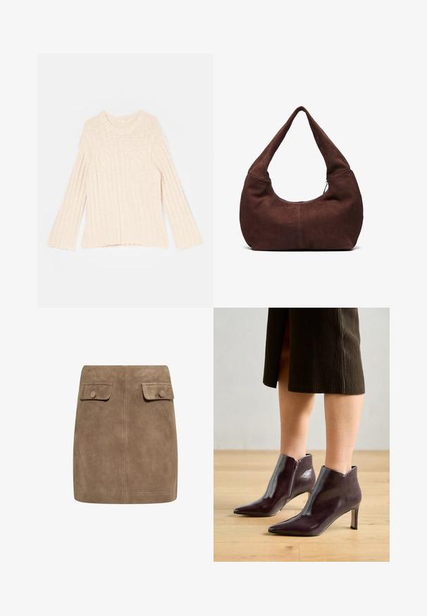 By Malene Birger CIRRA - Strickpullover - oyster gray; Brauner Wildleder-Minirock mit glatter Textur, ausgestattet mit zwei vorderen Klappentaschen und Druckknopfverschlüssen an beiden Seiten. Schlichtes, gerades Design.; Burgunderfarbene Leder-Stiefeletten mit spitzem Zeh und schmalem Absatz. Mit seitlichem Reißverschluss und glatter, glänzender Textur.; Braune Wildleder-Hobo-Tasche mit einem gebogenen, breiten Griff und einer großen Öffnung. Weiche Textur mit sichtbaren abgesteppten Details entlang der Kanten.