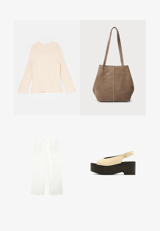 By Malene Birger CIRRA - Jumper - oyster gray; White wide-leg trousers made from a light fabric, featuring a flat front, pleats, and a waistband, offering a loose, airy fit.; Beige suede platform sandals with an open toe, slingback design, and a dark wood-like base, featuring a metal buckle for adjustment.; Brown suede tote bag with two long handles, vertical seam detail on the front, and a soft texture. Spacious design suitable for everyday use.