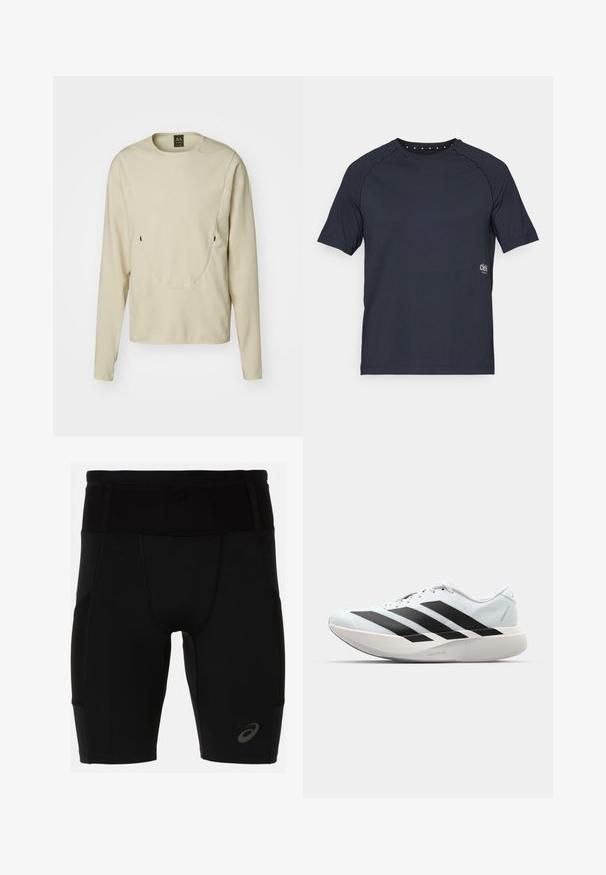 Oakley LATITUDE TECH FLEECE - Fleecepullover - white birch; Dunkelblaues kurzärmliges T-Shirt aus leichtem Stoff, mit einem Rundhalsausschnitt, kleinen Ösen-Details auf der Rückseite und einem Logo auf der Vorderseite.; Schwarze Sportshorts mit einer enganliegenden Passform, hergestellt aus glattem Material. Sie verfügen über einen hohen Taillenbund und ein kleines Logo am unteren linken Bein.; Leichte Laufschuhe in hellblau mit schwarzen Streifen. Sie verfügen über ein glattes Obermaterial, eine runde Zehenpartie und eine dicke weiße Zwischensohle, die mit "LIGHTSTRIKE PRO" beschriftet ist.