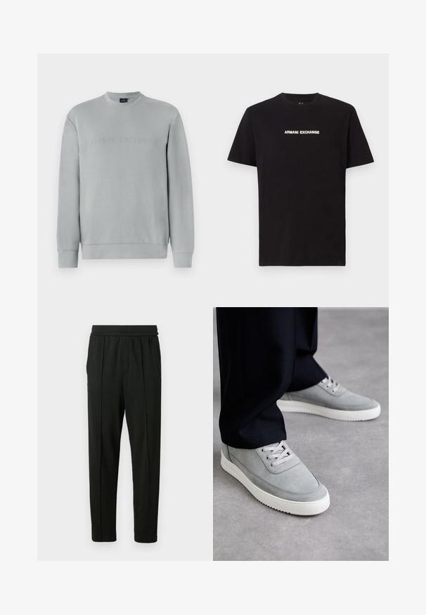 Sudadera gris claro con cuello redondo, con el texto en relieve "ARMANI EXCHANGE" en la parte frontal y puños y dobladillo de canalé.; Camiseta de algodón negra con el texto "ARMANI EXCHANGE" en blanco en el pecho. Cuello redondo estándar, mangas cortas. Diseño simple.; Pantalones negros confeccionados con un tejido suave; cuentan con una cinturilla elástica, bolsillos laterales y un diseño de pierna ajustada. Minimalista y de color sólido.; Zapatillas de ante gris con suelas de goma blanca, que cuentan con un diseño de cordones, punta redondeada y detalles de costura sutiles, llevadas con pantalones negros.