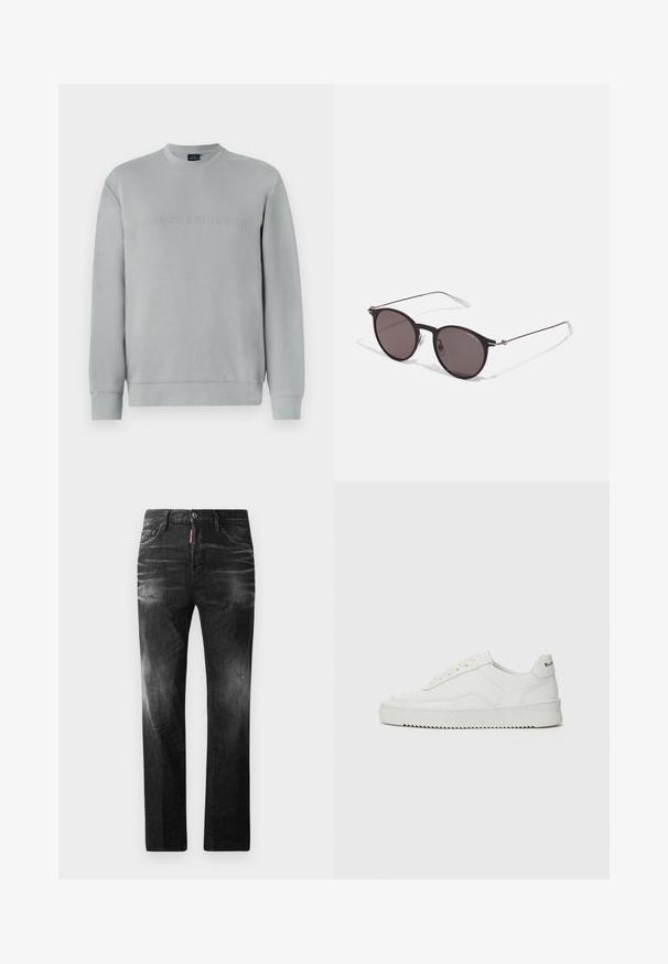 Sweatshirt cinza claro com decote redondo, apresentando o texto em relevo "ARMANI EXCHANGE" na parte frontal e punhos e bainha canelados.; Jeans de denim preto com um corte reto. Apresentam áreas desbotadas, ligeira degradação, design clássico de cinco bolsos e um fecho de botão.; Sapatilha de couro branco com acabamento suave, bico redondo, atacadores planos e uma sola texturizada. Apresenta um logotipo discreto no calcanhar.; Óculos de sol redondos pretos com lentes escuras e hastes metálicas finas. Inclui pontas de templo transparentes e detalhes em prata na dobradiça. Design minimalista.