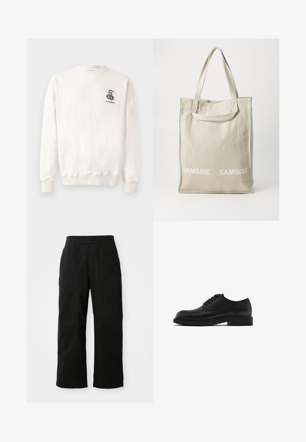 White cotton sweatshirt with crew neckline, ribbed cuffs and hem, featuring a black snake graphic and text "HAN KJØBENHAVN" on the chest.; Check shirt in beige and white plaid pattern with light blue accents. Long sleeves, button-down front, and single chest pocket. Cotton material.; Black cotton pants with an elastic waistband, wide leg design, and large side pockets. Fabric appears soft with a smooth texture.; Black leather dress shoe with a textured finish, round toe, five eyelets for laces, and a sturdy black sole. Simple, straight design.; Canvas tote bag in light beige with dual handles, featuring "SAMSOE" logo in white printed on the front. Rectangular shape with simple design.