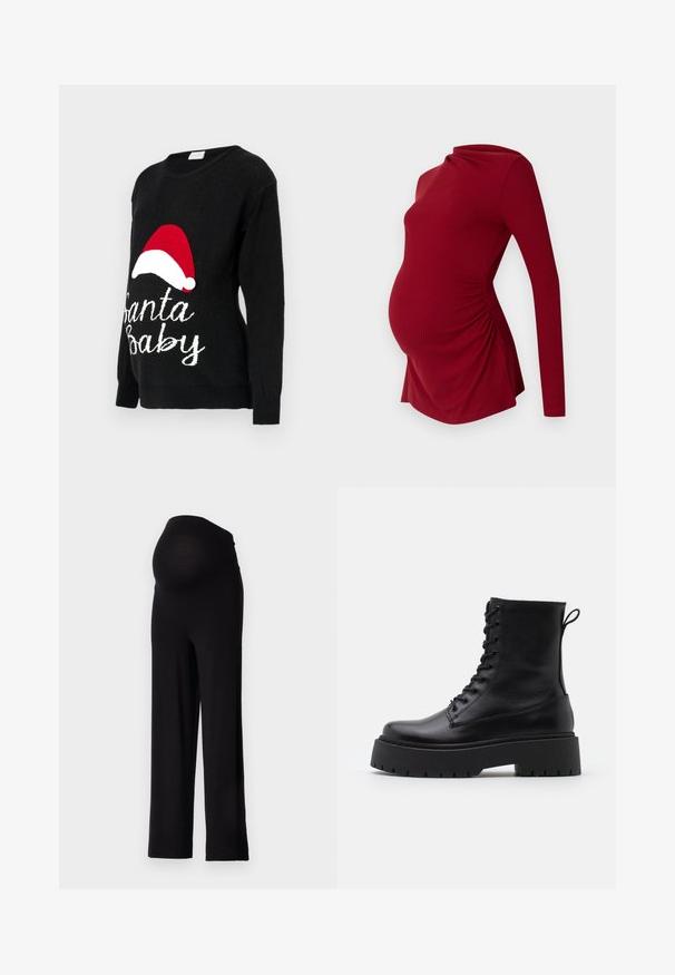 Schwarzer Strickpullover mit langen Ärmeln, der einen roten Weihnachtsmannhut und weißen "Santa Baby"-Text auf der Vorderseite hat.; Langärmliges rotes Umstandshirt aus gerippter Textur, mit einem drapierten Halsausschnitt und seitlichem Raffung, um einem wachsenden Bauch gerecht zu werden.; Schwarze Umstandshosen mit einem dehnbaren, enganliegenden Bund und weitem Bein. Hergestellt aus weichem Stoff, der Komfort und Unterstützung bietet.; Schwarze Lederstiefeletten mit runder Zehenpartie, Schnürung vorne und einer dicken Gummisohle mit strukturiertem Profil. Mit Zugschlaufe an der Rückseite.