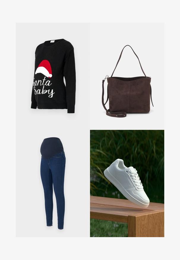 Melnā adītā džemperis ar garām piedurknēm, kuram priekšā ir sarkans Ziemassvētku vecīša cepure un balts "Santa Baby" teksts.; Maternitātes džinsi tumši zilā džinsa audumā, ar elastīgu tumšu jostas daļu un pieguļošu dizainu ar kabatām.; Baltie sporta apavi ar gludu sintētisku augšpusi, perforētu pirkstu daļu, plakani šņorēm un rakstainu zoli, novietoti uz koka virsmas.; Brūns zamšādas roku soma ar mīkstu tekstūru, aprīkota ar vienu plecu siksnu un nelielu izliekta augšējā atvēruma dizainu. Nav redzamu metāla detaļu.