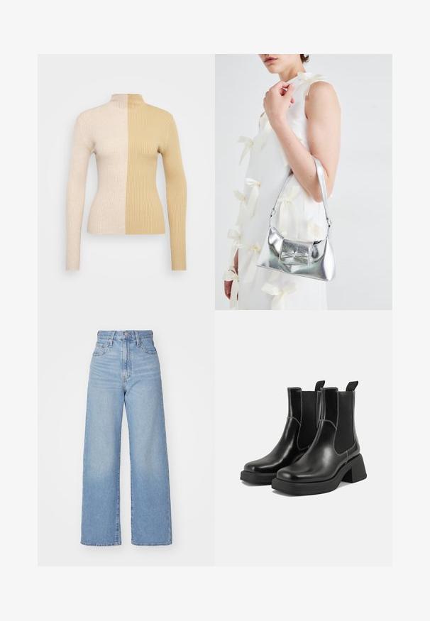 Sweter z prążkowanym kołnierzem w dwóch odcieniach - kremowym i beżowym. Dopasowany krój z długimi rękawami i wysokim kołnierzem.; Jasnoniebieskie jeansy z wysokim stanem i szerokimi nogawkami, z zapięciem na guziki i zamek z przodu, przednie i tylne kieszenie, na białym tle.; Czarne skórzane botki Chelsea na mocnej podeszwie, z elastycznymi panelami bocznymi i kontrastującym białym ściegiem. Teksturowane wykończenie.; Srebrna metaliczna torebka o strukturalnym kształcie, wyposażona w górną rączkę i detal w postaci kokardy z przodu. Gładka tekstura, odbijające światło wykończenie.