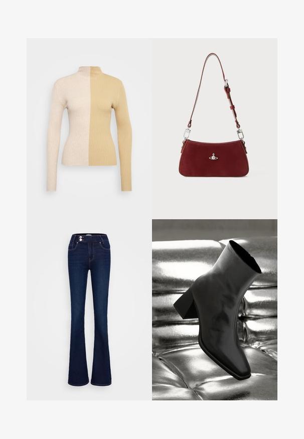 Ribbet høyhalset genser med to-farget design i krem og beige. Slim-fit silhuett med lange ermer og høy krage.; Mørkeblå vide jeans med høy midje, to frontlommer og to knappestenger. Laget av denim med en jevn tekstur.; Sorte ankelstøvler laget av blankt materiale med firkantet tå og avsmalnende hæl, plassert mot en glinsende sølvfarget tuftet bakgrunn.; Rød semsket skulderveske med buet form. Har sølvfargede akenter og justerbar stropp med detaljer i metall. Glatt tekstur.