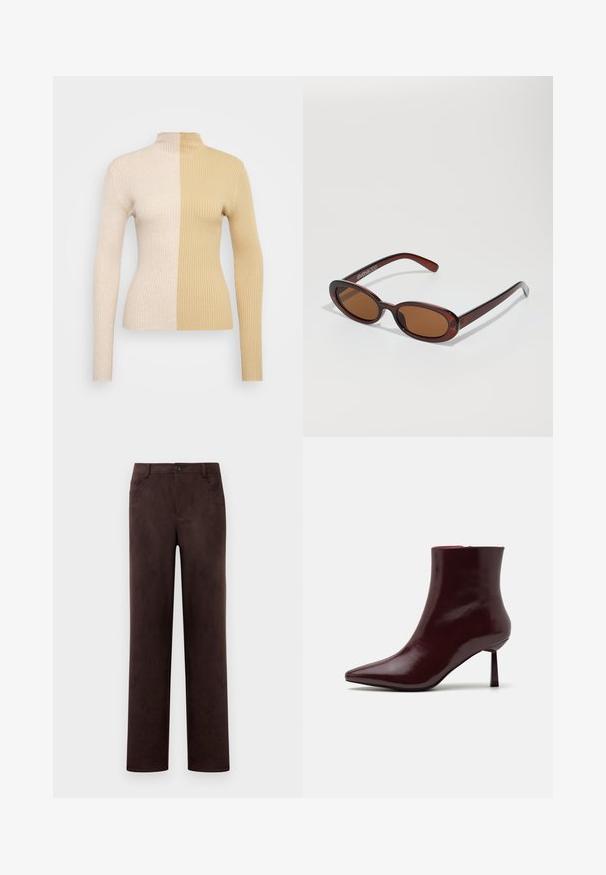 Ribbade turtleneck-tröjan har en tvåfärgad design i kräm och beige. Fitted silhuett med långa ärmar och hög krage.; Raka mörkbruna mockabyxor med knapp- och dragkedjestängning framtill, bälteshällor och sidofickor.; Burgundy lackläder ankelstövel med spetsig tå och smal stilettklack, med en mjuk, glänsande yta och minimalistisk design.; Runda, bruntonade solglasögon med en glansig bordeauxfärgad ram. Smala bågar med subtilt varumärkesdetalj. Platt linsdesign.