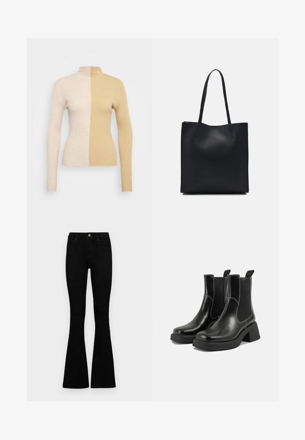 Ribbed turtleneck sweater featuring a two-tone design in cream and beige. Fitted silhouette with long sleeves and a high neck.; Black high-waist jeans with a button and zip closure, front pockets, and flared legs laid flat on a white background.; Black leather Chelsea boots with a chunky heel, elastic side panels, and contrasting white stitching. Textured finish.; Black leather tote bag with smooth texture, rectangular shape, and two long handles. No visible hardware or embellishments.