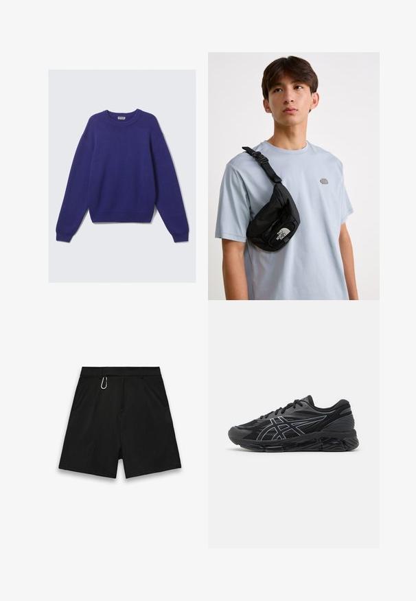 Simpel langærmet strikket sweater i mørkeblå med ribbede manchetter, kant og rund halsudskæring, mærket Weekday indeni kraven.; Sorte shorts lavet af tekstureret stof med lige snit, der har en bæltestrop og en metalkarabiner som accentdetalje.; Herrerunning sko i sort mesh med reflekterende sølv detaljer, der har en polstret sål og en struktureret overflade for godt greb.; Sort nylon crossbody taske med justerbar rem, prydet med et fremtrædende hvidt logo. Bæres over en lyseblå t-shirt. Simpelt, funktionelt design.
