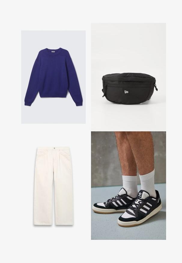 Maglione a maniche lunghe semplice, lavorato a maglia, di colore blu scuro, con polsini, orlo e scollatura a girocollo a coste. Etichetta Weekday all'interno del colletto.; Jeans bianchi a gamba larga in denim, con chiusura a bottone, cinque tasche e dettagli di cucitura sottili. Design pulito e minimalista.; Sneaker bianco e nero con tomaia in suede e pelle, caratterizzati da tre strisce bianche, punta perforata e suola in gomma naturale.; Marsupio nero realizzato in nylon; dotato di una tasca con zip frontale, strap regolabile e una patch con logo. Forma arrotondata con una texture liscia.