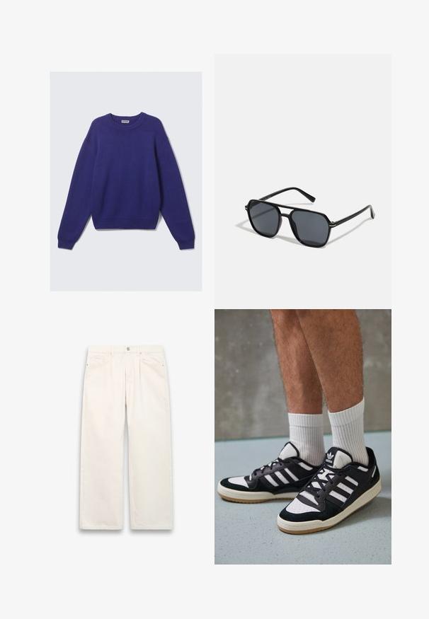 Plain long-sleeve knitted sweater in dark blue with ribbed cuffs, hem, and crew neckline, labeled Weekday inside collar.; White wide-leg jeans made of denim, featuring a button closure, five pockets, and subtle stitching details. Clean, minimalist design.; Black and white sneakers with a suede and leather upper, featuring three white stripes, a perforated toe, and a gum rubber sole.; Black sunglases with octagonal frame, dark lenses, glossy finish, thin temples, and gold accents on the front.