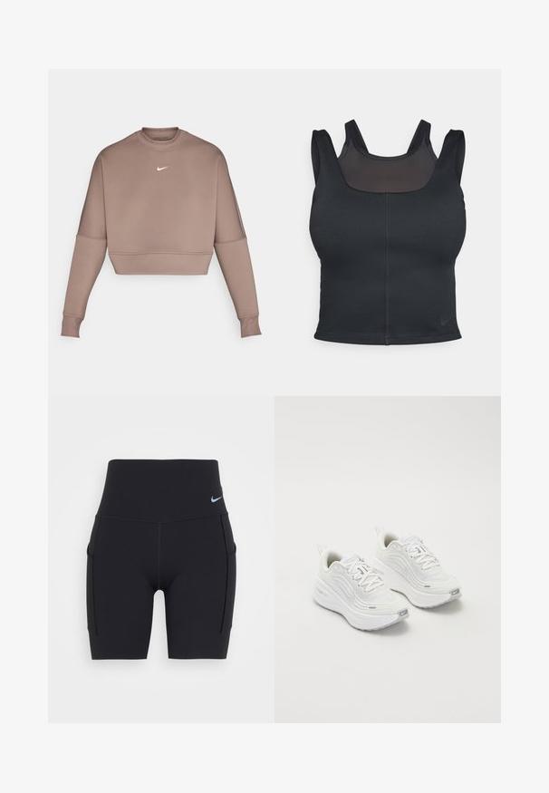 Kratka dolga majica s dolgimi rokavi iz mehkega rjavega materiala, z visokim ovratnikom in belim logotipom Nike na prsih. Gladka tekstura in prilegajoča zasnova.; Črn športni modrček z oblikovanim dizajnom, širokimi naramnicami in mrežasto oblogo spredaj. Gladka struktura in minimalni šivi. Nike logotip na robu.; Visoko pasne črne športne kratke hlače iz elastičnega materiala. Imajo stranske žepke in majhen svetlo moder logo na pasu.; Bele športne čevlje z teksturirano mrežasto zgornjico, oblazinjeno podplatom in subtilnimi sivimi detajli. Vključujejo blagovno znamko in zanko na peti za enostavno obuvanje.