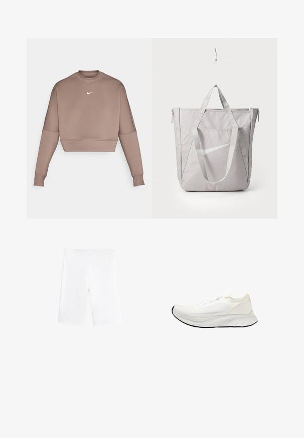 Skraćeni dukserica dugih rukava od mekog smešnog materijala, s visokim okovratnikom i belim Nike logotipom na grudima. Glatka tekstura i prilagođeni dizajn.; Bijele biciklističke hlačice napravljene od elastičnog materijala, s elastičnom trakastom linijom i glatkim, bešavnim dizajnom. Duljina do sredine bedara.; Bijela trkačka cipela s gornjim dijelom od mrežastog materijala, laganim dizajnom, glatkim zaobljenim potplatom i crnim gumiranim potplatom. Ima ravne vezice i minimalne akcenti.; Siva torba s pojačanim ručkama, prednji džep s patentnim zatvaračem i bijelim Nike swoosh logom. Izrađena od izdržljive tkanine s glatkom teksturom.