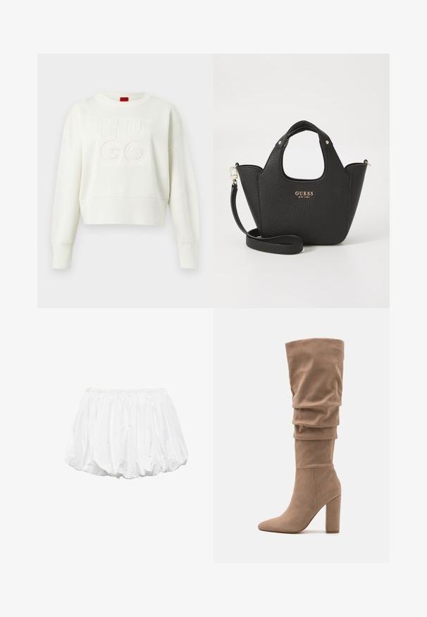 Witte gebreide trui met lange mouwen, ribgebreide manchetten en zoom, voorzien van verhoogde "HUGO" tekst aan de voorkant en een rood label bij de hals.; Witte blouse met lange mouwen, klassieke kraag en rechte snit. Gemaakt van glad, lichtgewicht stof. Geen patronen of accenten.; Witte katoenen ballonshorts met een elastische tailleband en een geplooid ontwerp, met een gladde textuur en ronde vorm.; Anna Field Laarzen - beige; Zwarte getextureerde handtas met korte handgrepen en een afneembare schouderband. Voorzien van een gouden logo-accent. Compacte, gestructureerde vorm.