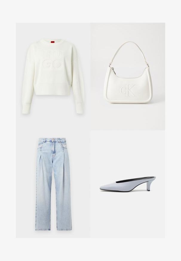 Biely pletený sveter s dlhým rukávom, so žebrovanými manžetami a lemom, s vystúpeným textom "HUGO" na prednej strane a červeným štítkom na krku.; Svetlomodré džínsy s vysokým pásom, širším strihom po celej dĺžke, dvoma bočnými vreckami a skladaným dizajnom. Mäkka textúra s vyblednutým vzhľadom.; Svetlomodrá lakovaná mule s špicatou špičkou, nízkym priehľadným opätkom a elegantným dizajnom s vykrojením na prednej časti.; Biela kožená kabelka s zakriveným tvarom, na prednej strane s embosovaným logom "CK" a jedným ramenným popruhom. Zipsové zapínanie navrchu.