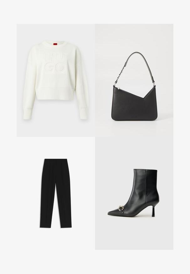 Weißer, gestrickter Pullover mit langen Ärmeln, gerippten Bündchen und Saum, versehen mit erhabenem "HUGO"-Text auf der Vorderseite und einem roten Etikett am Halsausschnitt.; Schwarze Hose mit geradem Schnitt, doppelten Falten, einer glatten Textur und einem klassischen Bunddesign. Keine sichtbaren Beschläge oder Akzente.; Schwarze Leder-Stiefelette mit spitzer Zehe, schlankem, mittelhohem Absatz und silberner Schnalle seitlich vor einem schlichten Hintergrund.; Schwarze Lederhandtasche in dreieckiger Form, mit schmalem Tragegurt und silbernem Zubehör. Sie verfügt über einen Reißverschluss und ein geprägtes Logo auf der Vorderseite.