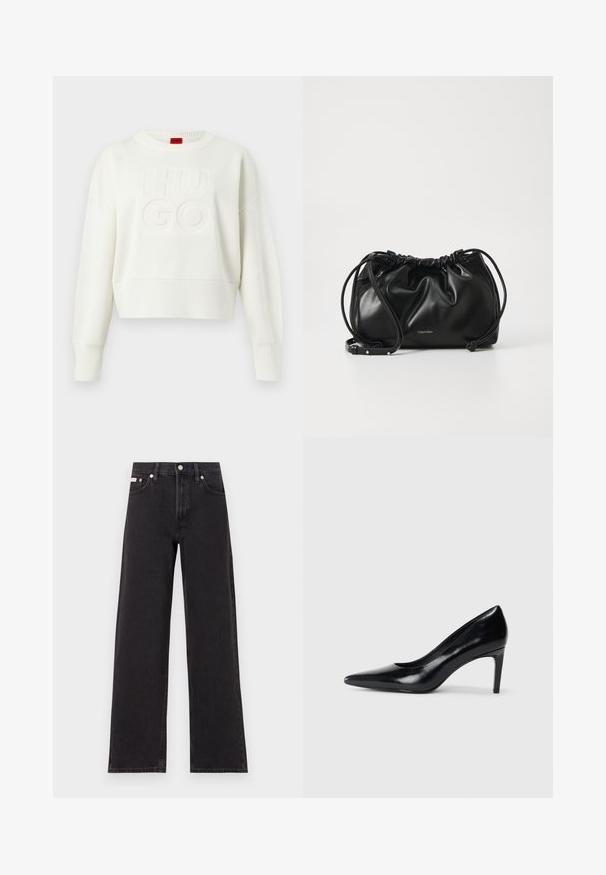 White knitted long-sleeve sweater with ribbed cuffs and hem, featuring raised "HUGO" text on the front and a red label at the neckline.; Black wide-leg jeans made of denim, featuring a high-rise waist, five-pocket styling, and a metal button closure with contrasting stitching.; Black leather high heel shoe with a pointed toe, smooth texture, and a tapered heel. Minimalist design, no additional embellishments.; Black leather handbag with gathered design, dual drawstring closure, and detachable shoulder strap. Features metallic logo detail.