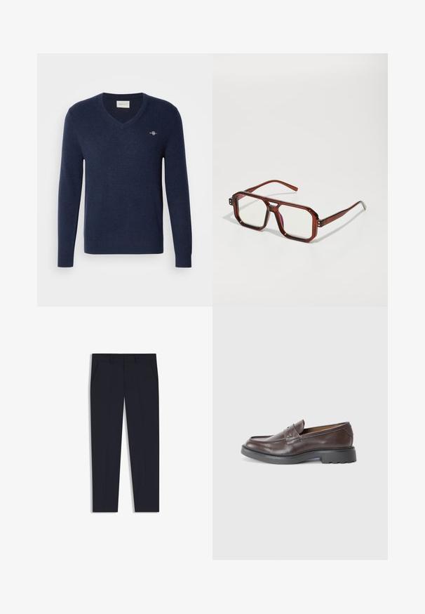 Námořnický modrý svetr s výstřihem do V vyrobený z měkké pleteniny. Má dlouhé rukávy a malé vyšívané logo na levé hrudi. Klasický střih.; Dlouhý rukáv, béžová lněná košile s mandarin límečkem, předním zapínáním na knoflíky a rovním lemem; hladká textura a lehký design.; Námořnické kalhoty s upraveným střihem, které mají dvě přední kapsy, plochý přední design a hladkou strukturu. Žádné viditelné vzory ani ozdoby.; Hnědé kožené mokasíny s hladkým povrchem, kulatou špičkou, minimálním prošíváním a silnou černou gumovou podrážkou. Žádná viditelná kovová součást nebo akcenty.; Hnědé transparentní oversized brýle s obdélníkovými skly a štíhlými rámky. Šikmé, mírně zaoblené rohy a viditelné kovové detaily.; Stříbrné kovové hodinky s broušeným modrým ciferníkem, bílými hodinovými indexy a zobrazením data. Mají spojený kovový pásek a logo značky.