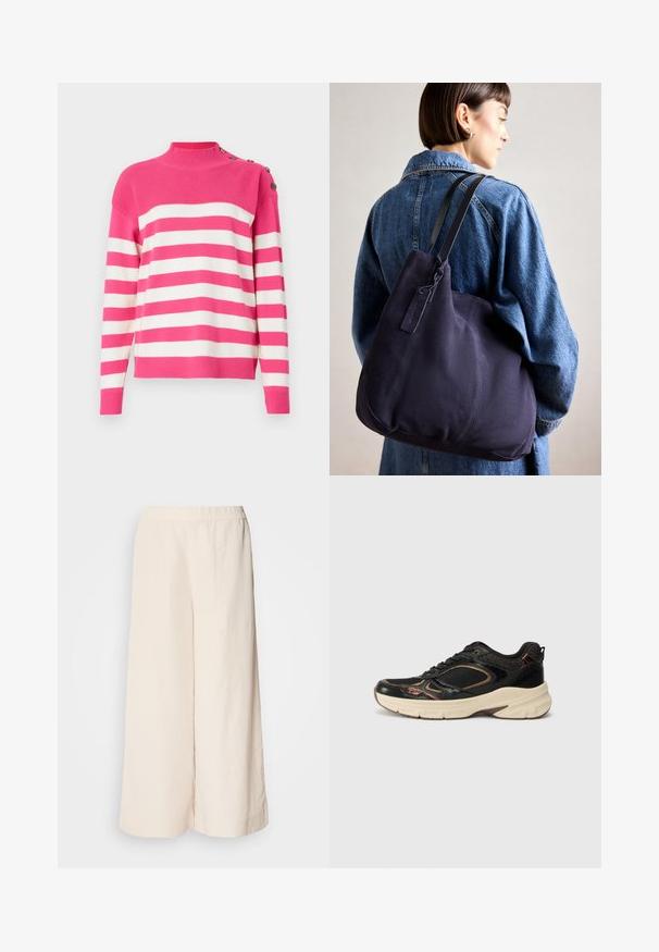 Rozā un baltām svītrām aprīkots puloveris. Iespējas ar augstu apkakli un pogu detaļu uz pleca. Mīksts adījums ar ribotām malām.; Krēmkrāsas plati bikses ar elastīgu jostu, ar brīvu siluetu un gludu tekstūru, piemērotas ikdienas valkāšanai.; Melnas sporta kurpes ar sieta augšdaļu, teksturētām detaļām un kontrastējošu beigu gumijas zoli. Ievērojama noapaļota purngalu un sasaistes dizaina.; Jūras spēku kanvas plecu soma ar mīkstu, strukturēta formu, kas piedāvā melnu siksnu, izšūtu detaļu un nelielu zīmola birku.