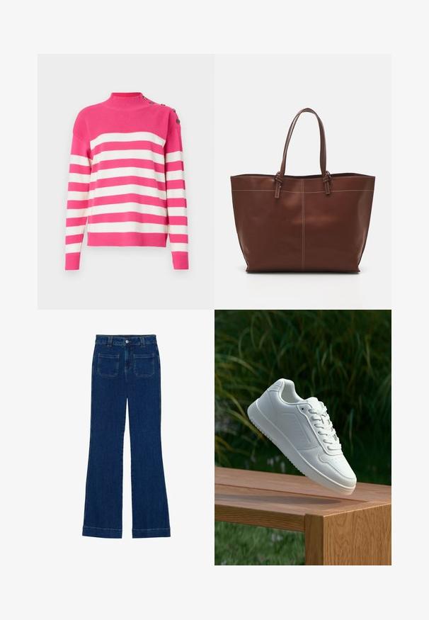 Pullover-genser i rosa og hvite striper. Har høy hals og knappedetalj på skulderen. Mykt strikket stoff med ribbestrikkede kanter.; Jeans i mørkeblå denim med vide ben, glatt tekstur, fem lommer og knappland i midjen.; Hvite sneakers med en glatt syntetisk overdel, perforert tåboks, flate snørebånd og en teksturert såle, vist på en treflate.; Brun lær tote bag med dobbelthåndtak, har kontraststing og en romslig design, egnet for daglig bruk.