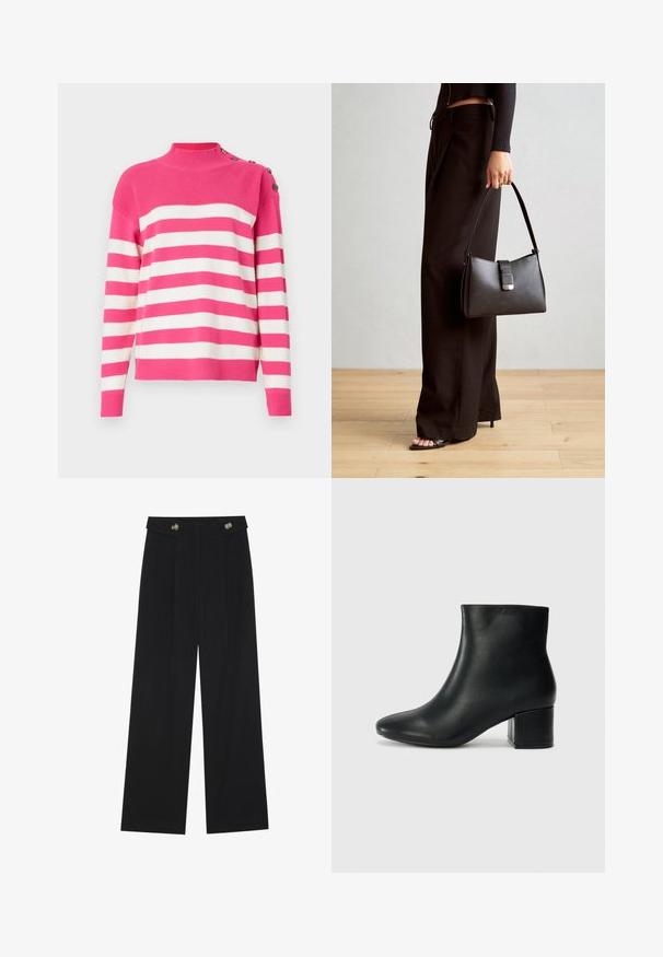 Pullover-Sweater in rosa und weißen Streifen. Verfügt über einen hohen Kragen und eine Knopfdetail an der Schulter. Weiches Strickmaterial mit gerippten Kanten.; Schwarze weite Hosen mit hoher Taille, Knopfdetails am Bund und vorderen Falten.; Schwarze Leder-Ankle-Boots mit spitzem Zehenbereich und klobigem Absatz. Glatte Textur mit minimalen Akzenten und einem eleganten, taillierten Design.; Schwarze Handtasche mit strukturierter Form, glatter Textur und einem metallischen Verschluss. Kombiniert mit weiten schwarzen Hosen und offenen Sandalen auf einem Holzboden.