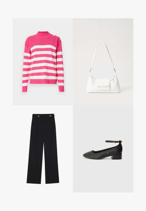Pullover-genser i rosa og hvite striper. Har høy hals og knappedetalj på skulderen. Mykt strikket stoff med ribbestrikkede kanter.; Svart vide bukser med høy midje, knappdetaljer på midjebåndet og frontplisser.; Sorte skinnpumper med spiss tå og lav blokkhelt. Har ankelrem med gullfarget spenne. Glatt tekstur.; Hvit syntetisk håndveske med trekantet form, flat klaff foran og sløyfe detaljer, justerbar stropp, glatt tekstur og minimalistisk design.
