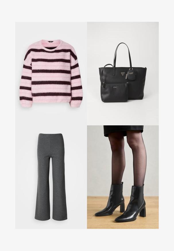 Maglione a righe rosa e marrone con collo rotondo, realizzato in materiale morbido e peloso, dotato di maniche lunghe e vestibilità rilassata.; Camicia bianca a maniche lunghe con colletto e taschino sul petto, esposta su uno sfondo semplice.; Pantaloni larghi grigi realizzati in tessuto morbido, caratterizzati da una texture liscia e un design a vita alta senza chiusure visibili.; Stivaletti neri in pelle con punta affusolata, tacco quadrato imponente e design elegante. Dotati di pannelli laterali elasticizzati per una facile vestibilità.; Borsa tote in finta pelle nera con due manici, una tasca anteriore con zip e una pochette staccabile. Gli accessori in oro mettono in risalto il logo del marchio.; Orecchino a cerchio in argento con finitura lucida, caratterizzato da piccoli dettagli in oro e una forma tondeggiante, indossato sul lobo.