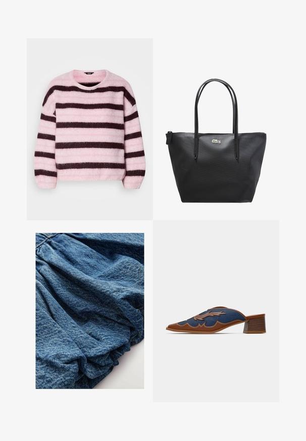 Maglione a righe rosa e marrone con collo rotondo, realizzato in materiale morbido e peloso, dotato di maniche lunghe e vestibilità rilassata.; Tessuto denim di un blu intenso, caratterizzato da una texture arricciata che crea morbide pieghe. Superficie liscia con leggere variazioni di colore.; Mule in denim con punta affusolata, dettagli in pelle marrone e cuciture decorative a forma di onda. Tacco basso in legno impilato.; Borsa tote nera in materiale sintetico con due manici lunghi, superficie testurizzata e un piccolo logo ricamato come accent. Chiusura con zip sulla parte superiore.