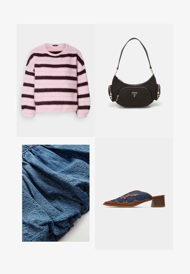 Gestreifter Pullover in Pink und Braun mit Rundhalsausschnitt, aus weichem, flauschigem Material, mit langen Ärmeln und einem lässigen Schnitt.; Denimstoff in einem tiefen Blauton, mit geraffter Textur, die sanfte Falten erzeugt. Glatte Oberfläche mit subtilen Farbvariationen.; Denim-Slipper mit spitzem Zehenbereich, braunen Lederakzenten und detaillierten Wellenmustern in der Naht. Niedriger, gestapelter Holzabsatz.; Schwarze Stoff-Schultertasche mit goldfarbener Hardware, ausgestattet mit einem Hauptreißverschlussfach und zwei kleineren Reißverschlussfächern an den Seiten.