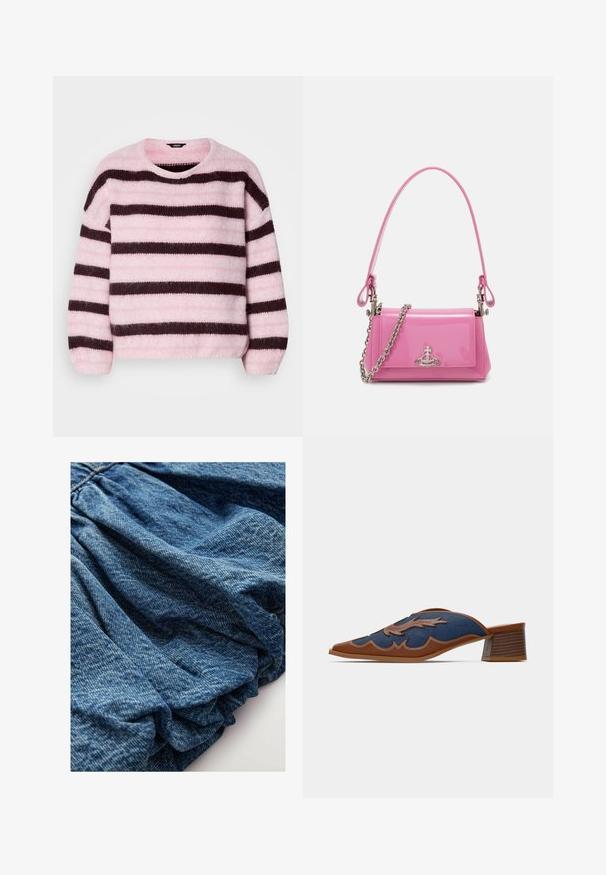 Rozā un brūna svītraina džemperis ar apaļu kaklu, izgatavots no mīksta, pūkaina materiāla, ar garām piedurknēm un brīvu piegriezumu.; Denim audums dziļā zilā tonī, ar savākta tekstūra, kas rada mīkstas kroku. Gluda virsma ar smalkām krāsu variācijām.; Denima slīpeņu mūli ar norādītu purngala formu, brūnu ādas akcentu un viļņu raksta detalizētu dūrienu. Zema, salikta koka papēža.; Rozā lakots ādas rokassomu ar taisnstūrveida formu, atvienojamu ķēdes siksniņu un sudraba aksesuāriem priekšpusē.