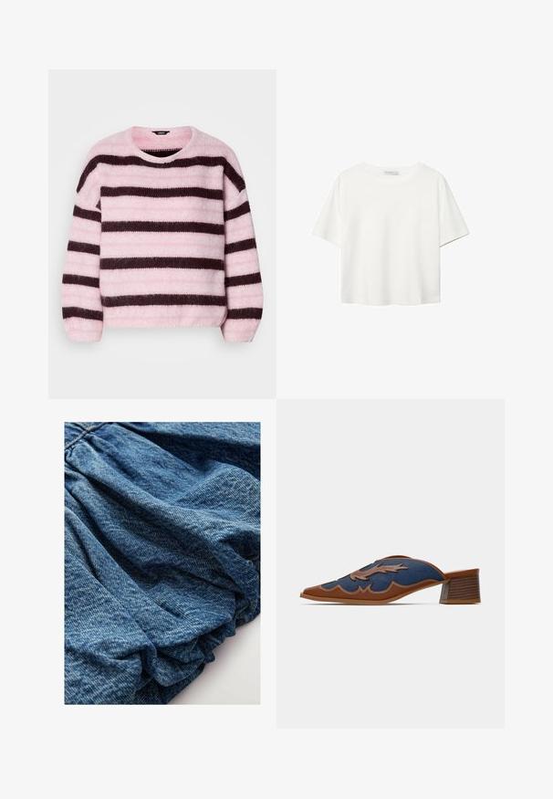 Pull rayé rose et marron avec un col rond, en matériau doux et pelucheux, doté de manches longues et d'une coupe décontractée.; T-shirt blanc à manches courtes en coton. Doté d'un col ras du cou et d'une coupe décontractée. Texture lisse sans motifs ni accents visibles.; Tissu en denim d'une teinte bleu profond, présentant une texture froncée qui crée des plis doux. Surface lisse avec des variations de couleur subtiles.; Mules en denim à enfiler avec un bout pointu, accents en cuir marron et couture détaillée en motif ondulé. Talon en bois bas et empilé.