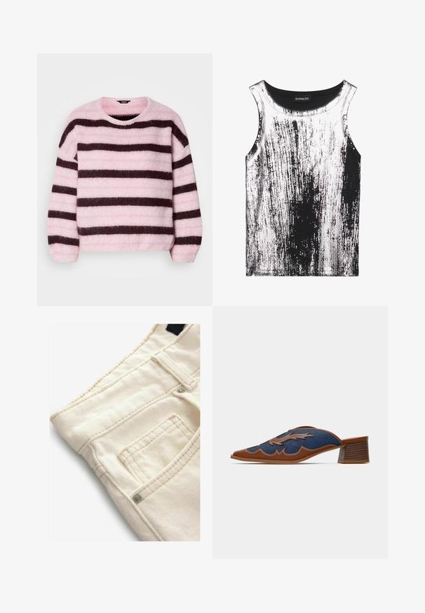 Maglione a righe rosa e marrone con collo rotondo, realizzato in materiale morbido e peloso, dotato di maniche lunghe e vestibilità rilassata.; Top senza maniche bianco e nero in tessuto elasticizzato, con motivo a strisce e dettagli lucidi, scollatura rotonda e design senza maniche.; Pantaloni in denim color crema con superficie testurizzata, dotati di una piccola tasca frontale e dettagli di cucitura a contrasto. Ideali per un look casual.; Mule in denim con punta affusolata, dettagli in pelle marrone e cuciture decorative a forma di onda. Tacco basso in legno impilato.