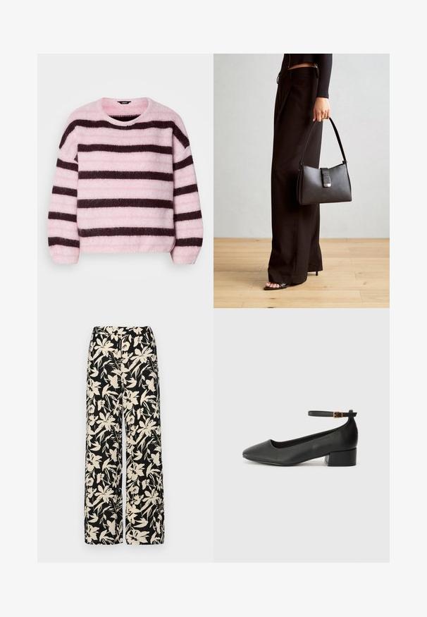 Pull rayé rose et marron avec un col rond, en matériau doux et pelucheux, doté de manches longues et d'une coupe décontractée.; Pantalon large noir avec un motif floral crème. Fabriqué en tissu léger, il présente une texture lisse et une taille haute.; Escarpin en cuir noir avec un bout pointu et un petit talon bloc. Doté d'une bride de cheville avec une boucle dorée. Texture lisse.; Sac à main noir à la forme structurée, texture lisse et fermoir métallique. Associé à un pantalon noir ample et des sandales ouvertes sur un sol en bois.