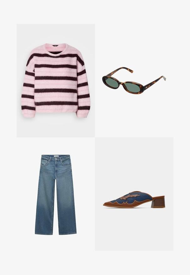 Maglione a righe rosa e marrone con collo rotondo, realizzato in materiale morbido e peloso, dotato di maniche lunghe e vestibilità rilassata.; Jeans a gamba larga di colore blu chiaro realizzati in denim, con vita a media altezza, due tasche frontali e dettagli di cucitura classici.; Mule in denim con punta affusolata, dettagli in pelle marrone e cuciture decorative a forma di onda. Tacco basso in legno impilato.; Occhiali da sole tartarugati con montatura ovale e lenti verdi. Presentano aste sottili con un accento metallico vicino alle cerniere.; Orecchini in metallo argento con un design ondulato e scultoreo, caratterizzati da una finitura lucida e forme irregolari, che evidenziano un'estetica contemporanea.