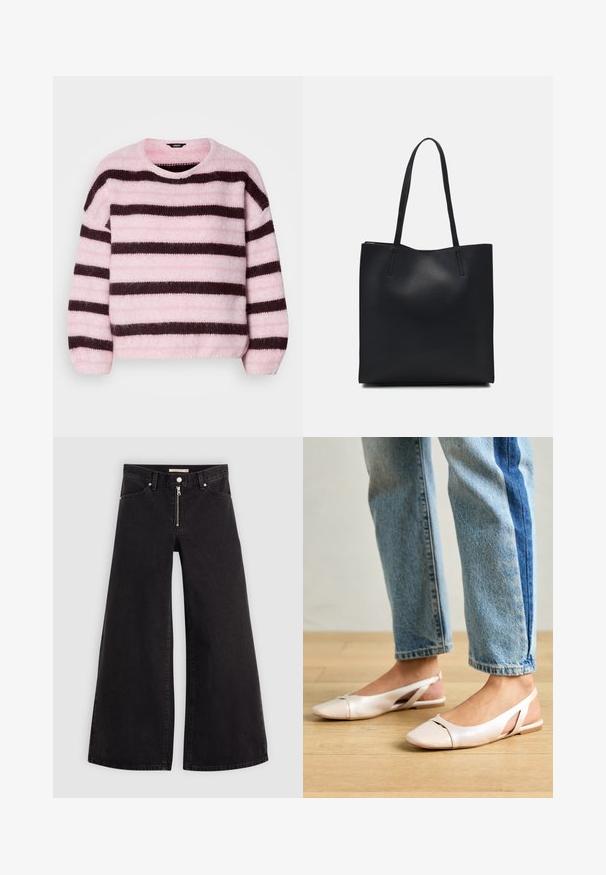 Pull rayé rose et marron avec un col rond, en matériau doux et pelucheux, doté de manches longues et d'une coupe décontractée.; Jean large en denim noir avec une fermeture éclair à l'avant, un design à cinq poches et des détails de couture subtils. Texture lisse et style décontracté.; Ballerines slingback rose pâle avec un bout pointu, fabriquées en un matériau semblable au cuir lisse. Présentent des découpes sur les côtés et un talon plat.; Sac fourre-tout en cuir noir avec une texture lisse, de forme rectangulaire et deux longues poignées. Pas de matériel ou d'ornementations visibles.