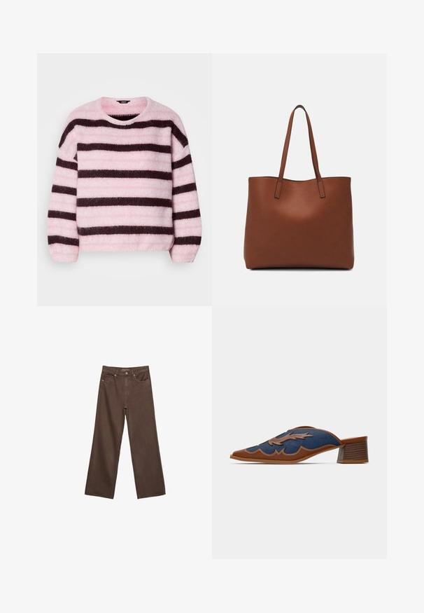 Lyserød og brunstribet sweater med rund hals, lavet af blødt, fyldigt materiale, med lange ærmer og en afslappet pasform.; Bredde ben brun denim jeans med høj talje, forlommer og klassisk knaplukning. Glat tekstur med diskret syninger.; Denim slip-on mules med spids tå, brune læderdetaljer og detaljeret syning i en bølgemønster. Lav, stablet træhæl.; Brun læder tote taske med en glat overflade, åben topdesign og to skulderremme. Har minimal syning og ingen synlig hardware.