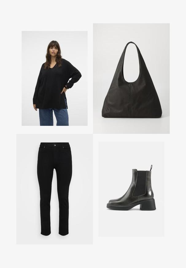Vero Moda Curve VMCFILUCA LS V-NCK LONG GA CUR NOOS - Pullover - black; Jean denim noir avec une coupe slim, design à cinq poches, fermeture à bouton à l'avant et légère élasticité pour le confort. Texture plate et lisse avec un minimum de détails.; Bottines noires en cuir avec une finition lisse, des panneaux latéraux élastiques et un talon épais. Dispose d'une languette pour un enfilage plus facile.; Sac fourre-tout en cuir noir avec une poignée courbée, forme triangulaire allongée et texture lisse. Présente un design minimaliste sans matériel visible.