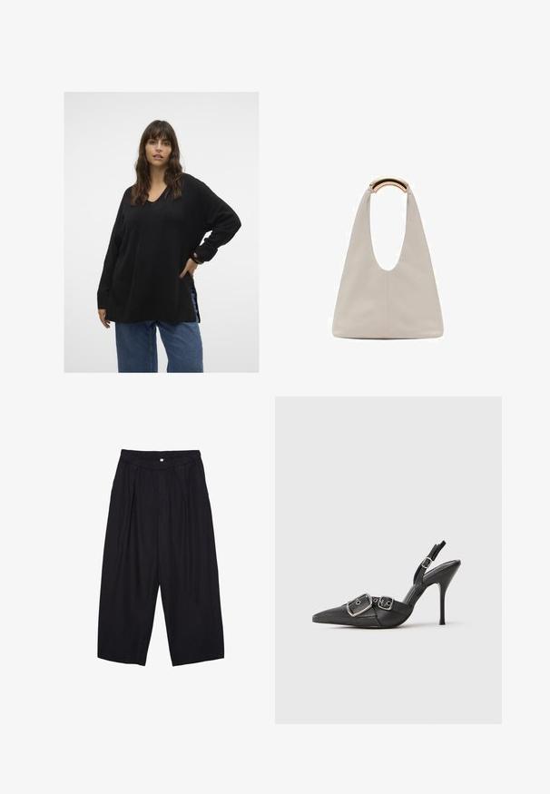 Vero Moda Curve VMCFILUCA LS V-NCK LONG GA CUR NOOS - Strickpullover - black; Schwarze Polyester-Culotte mit einem elastischen Bund, zwei vorderen Falten und einer lockeren Silhouette. Keine sichtbaren Muster oder Hardware-Details.; Schwarzer spitzer Stiletto-Absatz mit doppelten silbernen Schnallen und einem Knöchelriemen, auf einem schlichten weißen Hintergrund präsentiert.; Hellgraue Lederhandtasche mit einem U-förmigen Design und einem geschwungenen, metallischen Griff. Glatte Textur mit minimalen Nähten und ohne sichtbare Muster.
