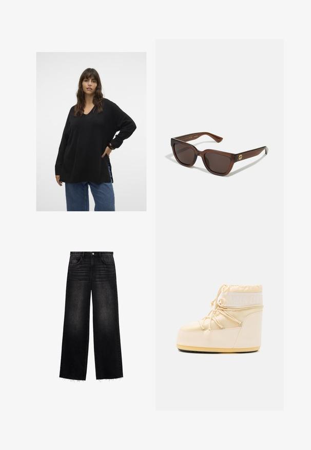 Vero Moda Curve VMCFILUCA LS V-NCK LONG GA CUR NOOS - Pulover - black; Črne široke jeans hlače iz denima. Imajo visok pas, pet žepov in raztrgan rob z rahlim učinkom bledenja. Redna kroj.; Svetlo bež Moon Boot z zaobljenim nosom, zapiranjem na vrvico in teksturiranim gumijastim podplatom. Ima belo blagovno znamko in gladke sintetične materiale.; Rjavi pravokotni sončna očala z zaobljenimi robovi, ki imajo temna leča in sijajno površino. Zlati logotip na tempeljih.
