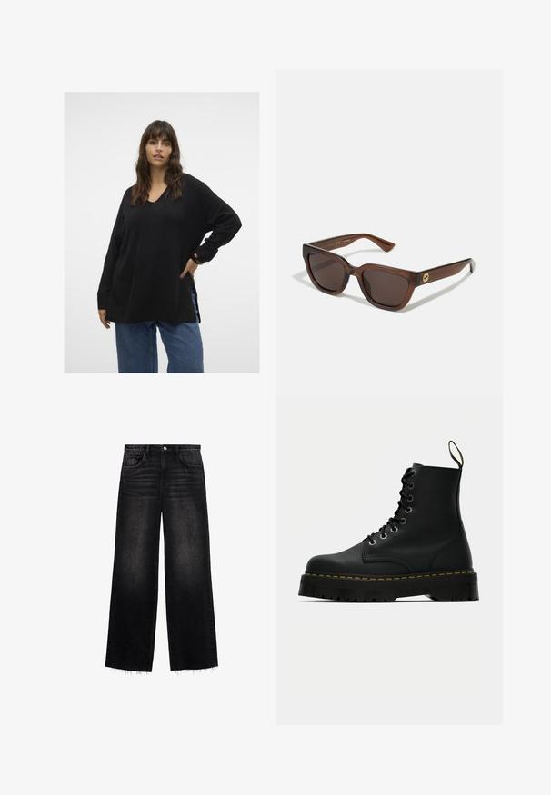 Vero Moda Curve VMCFILUCA LS V-NCK LONG GA CUR NOOS - Striktrøje - black; Sorte bredbenede jeans lavet af denim. Har høj talje, fem-lomme design og en frynset kant med en let falmende effekt. Regular fit.; Sorte læder snørebånd ankle boots med en kraftig tekstureret gummisål og gule syninger omkring platformen.; Brune rektangulære solbriller med runde kanter, udstyret med mørke linser og en blank finish. Gyldent logo-accent på stængerne.; Sort læder hobo taske med en blød, buet form. Har en bred toprem og rynker i bunden for en afslappet struktur.