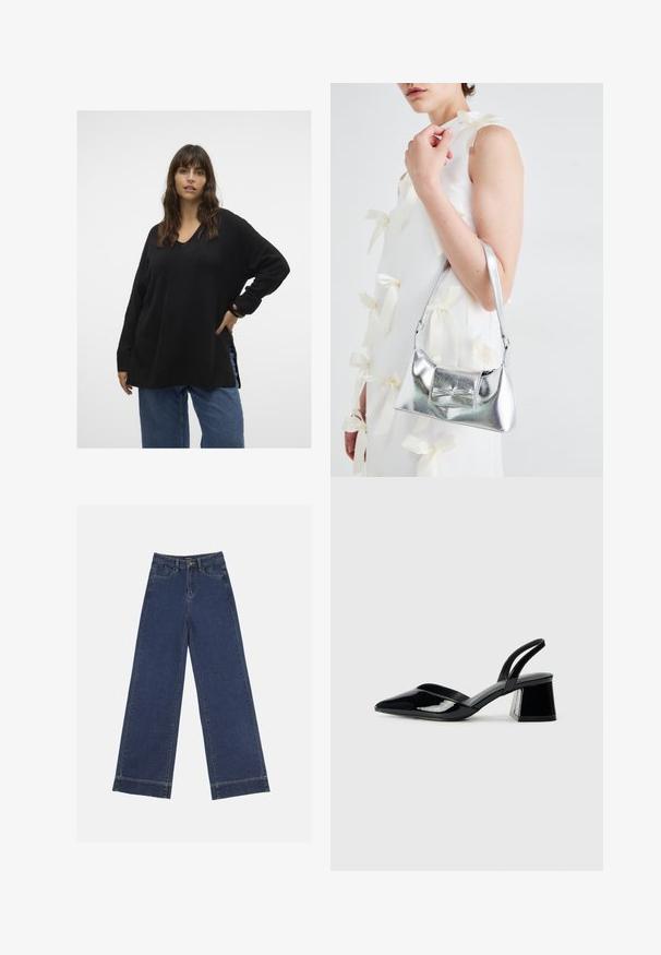 Vero Moda Curve VMCFILUCA czarny; Jeans o szerokich nogawkach w ciemnoniebieskim dżinsie. Posiada pięć kieszeni, szlufki na pasek oraz surowy dół z widocznymi detalami szwów.; Czarne lakierowane półbuty na obcasie z wydłużonym noskiem i geometrycznym słupkiem. Charakteryzują się eleganckim, minimalistycznym designem oraz gładką fakturą.; Srebrna metaliczna torebka o strukturalnym kształcie, wyposażona w górną rączkę i detal w postaci kokardy z przodu. Gładka tekstura, odbijające światło wykończenie.