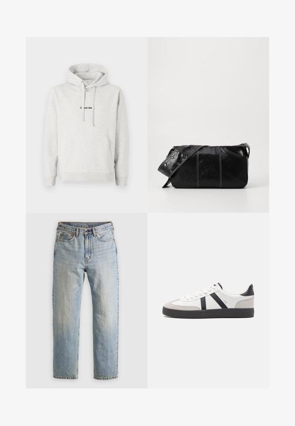 Lichtgrijze hoodie met een kangoeroezak, een capuchon met trekkoord en geborduurde tekst in het zwart aan de voorkant. Gemaakt van een katoenblend, met ribgebreide manchetten.; Lichtblauwe denim jeans met hoge taille, frontknop, rits en vijfzakkenontwerp, plat gelegd op een neutrale achtergrond.; Witte sneaker met zwarte en grijze accenten, voorzien van een grijze neus met textuur, zwarte rubberen zool en platte witte veters. Schoon ontwerp, minimalistische stijl.; Zwarte leren schoudertas met een ritsluiting, voorzien van een gestructureerd lichaam, witte stiksels en een band met zilveren oogjes.