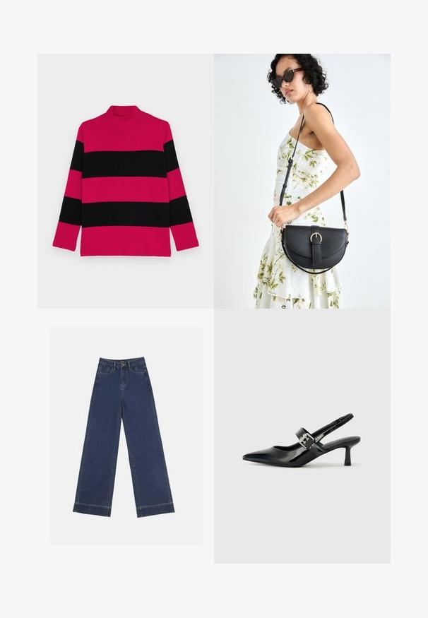 Rožinis ir juodas dryžuotas megztinis su aukštu kaklu, ilgomis rankovėmis, su bešakėmis tekstūra ir priglundančiu apykakle.; Plati džinsai tamsiai mėlynos denimo. Yra penki kišenės, diržo kilpos ir apatinė briauna su matomais siuvimo detalėmis.; Juodai lakuoti slingback aukštakulniai su smailiu kojų pirštu ir mažais blokiniais kulniukais, su sidabro sagtimi ant dirželio.; Juodas odinis krepšys su išlenkta forma, nuimamu dirželiu ir auksiniais detalėmis. Krepšys turi kilpą su sagtimi.