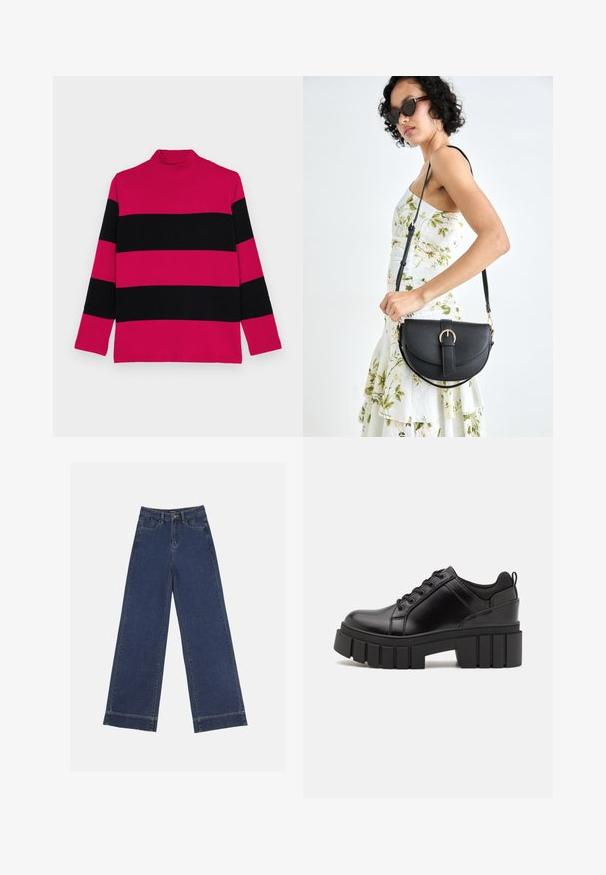 Pink and black striped turtleneck sweater with long sleeves, ribbed texture, and a fitted collar.; Wide-leg jeans in dark blue denim. Features five pockets, belt loops, and a raw hem at the bottom with visible stitching details.; Black leather platform shoes with a chunky block heel, round toe, and traditional lace-up design. Features smooth texture and minimal detailing.; Black leather handbag with a curved shape, detachable strap, and gold hardware. The bag features a flap with a buckle detail.