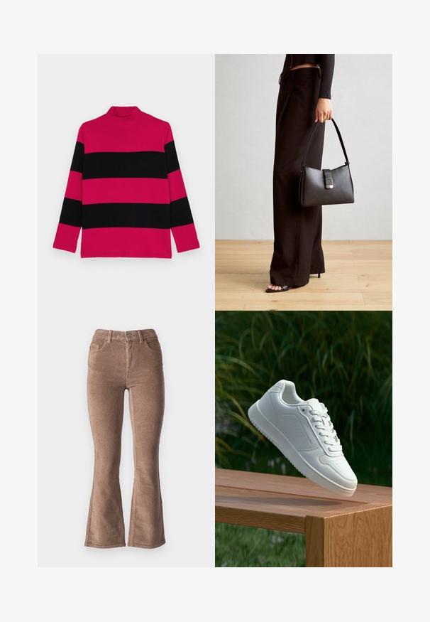 Vaaleanpunainen ja musta raidallinen korkeakaula-aukko, jossa on pitkät hihat, ribbikuvio ja istuva kaulus.; Ruske flared hlače od kordura s rebrastom teksturom, s visokim strukom, pet džepova i prednjim dugmadi.; Valkoiset tennarit, joissa on sileä synteettinen päällinen, rei'itetty varvasosa, litteät nauhat ja teksturoitu pohja, esillä puupinnalla.; Musta käsilaukku, jossa on rakenteellinen muoto, sileä pinta ja metallinen solki. Yhdistetty leveisiin mustiin housuihin ja avonaiheisiin sandaaleihin puulattialla.