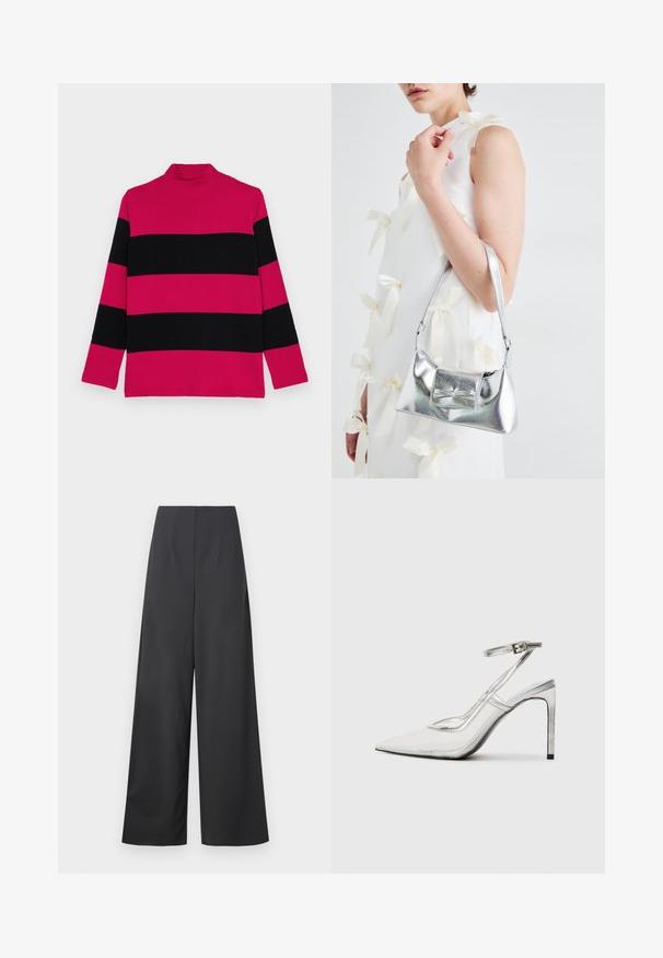 Rozā un melna svītrainā turtlenecka džemperis ar garām piedurknēm, ribota tekstūra un piegriezts apkakle.; Augstas vidukļa, platas kāju bikses tumši pelēkā audumā ar gludu faktūru. Bez redzamām kabatām vai rotājumiem.; Caurs stiletto papēžu kurpes ar norādītu pirkstu, caurspīdīgu materiālu, metāliskas sudraba akcentus un regulējamu potītes siksniņu.; Sudraba metāla rokassoma ar struktūru formu, aprīkota ar augšējo rokturi un priekšpusē esošu loku. Gluda tekstūra, atstarojoša virsma.